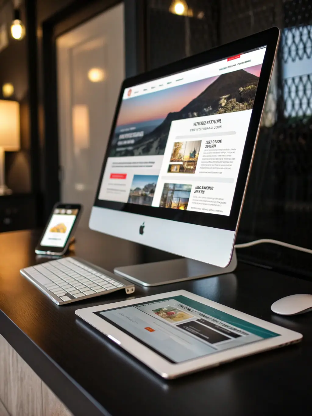 A diverse range of devices (desktop, tablet, smartphone) displaying a responsive website design, showcasing adaptability and user-friendliness.