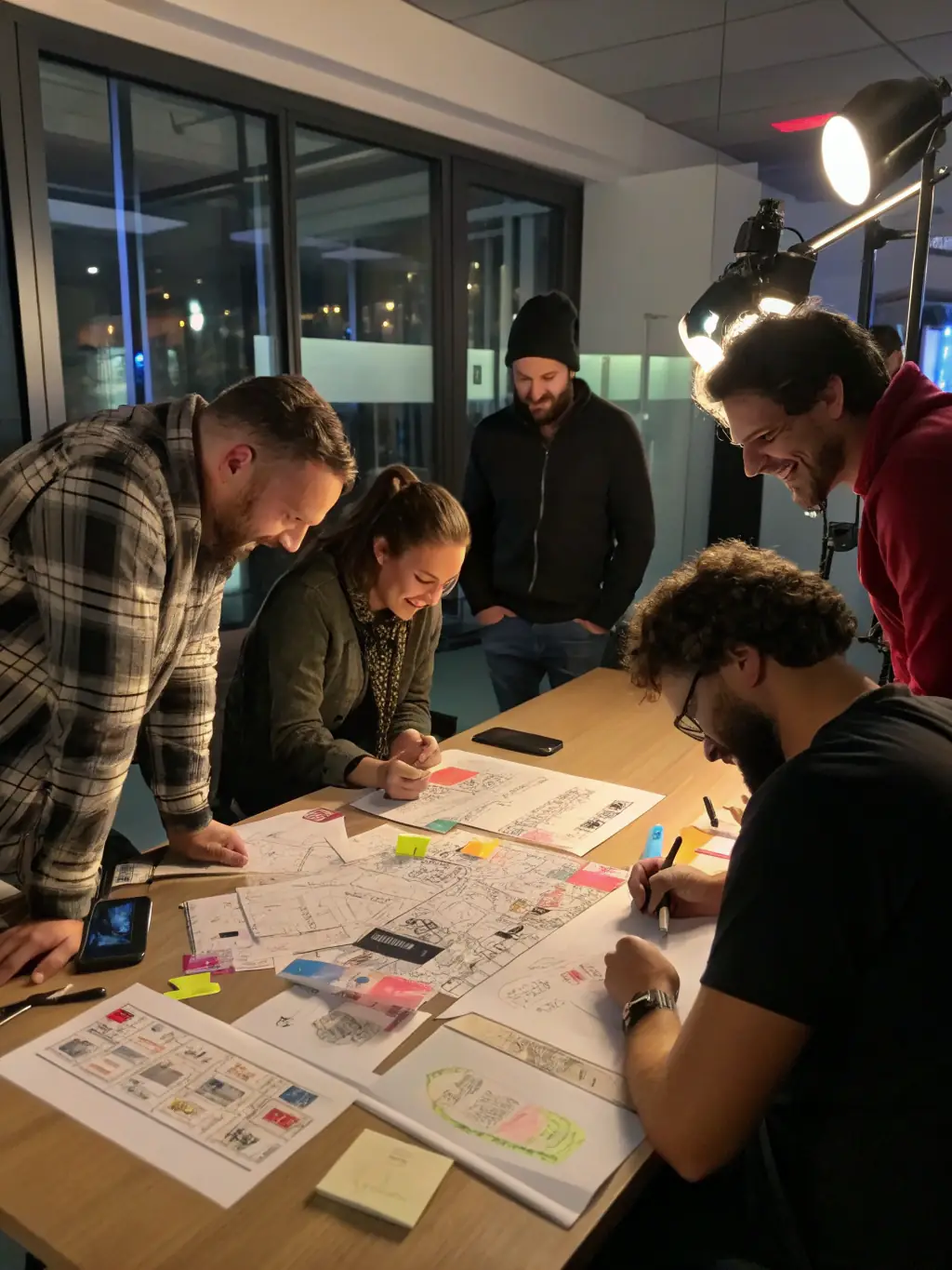 A content creation process, showing a team brainstorming ideas, writing engaging copy, and designing visually appealing graphics.