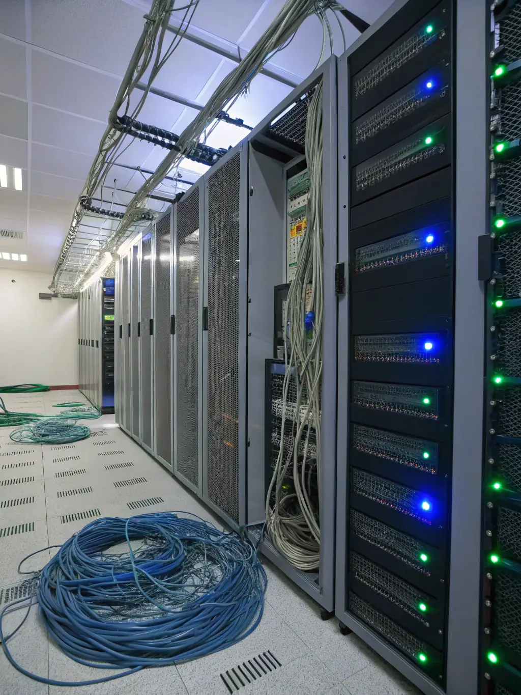 A secure server room with blinking lights, symbolizing data protection and reliable hosting services.