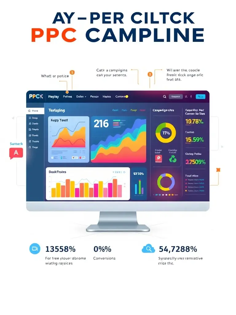 A vibrant PPC campaign interface showing ad performance metrics, conversion rates, and budget allocation charts.