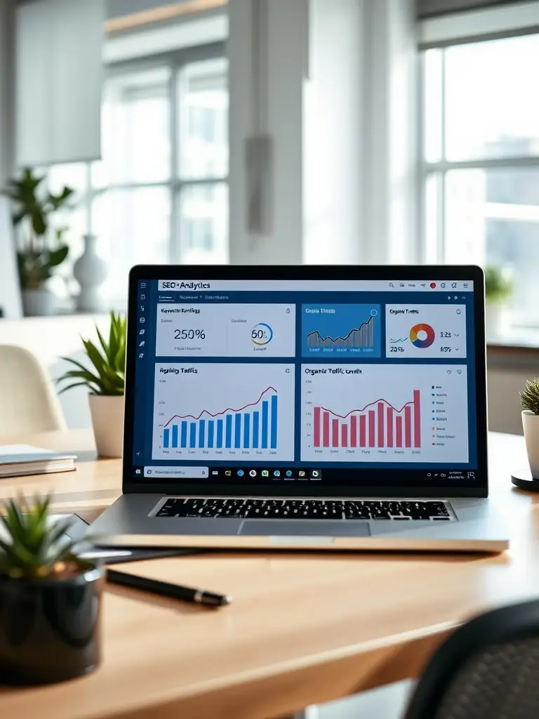 A professional workspace with a focus on SEO analytics, displaying keyword rankings and website traffic data on multiple monitors.