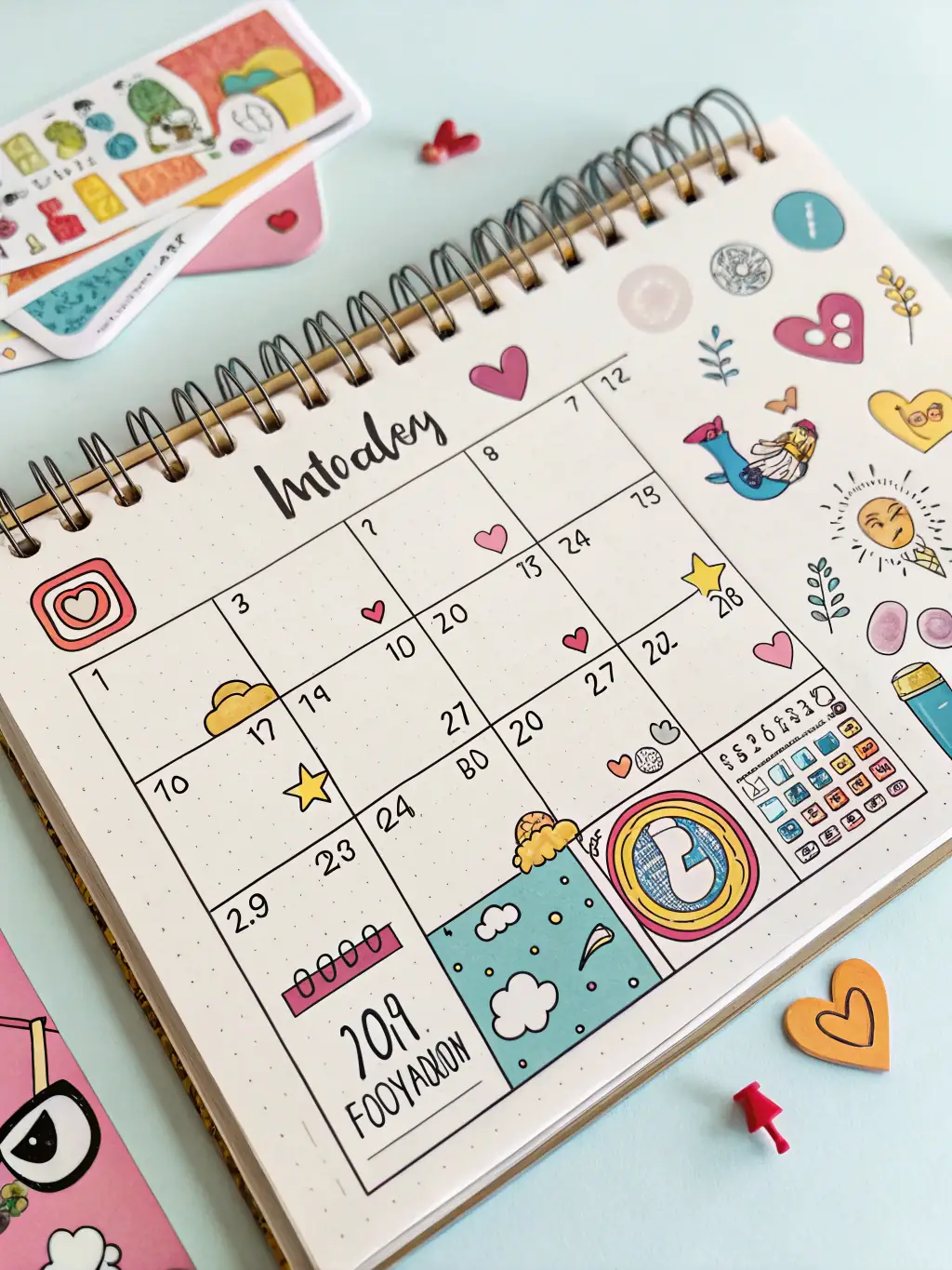 A creative social media content calendar with diverse posts, engagement metrics, and brand-specific visuals.