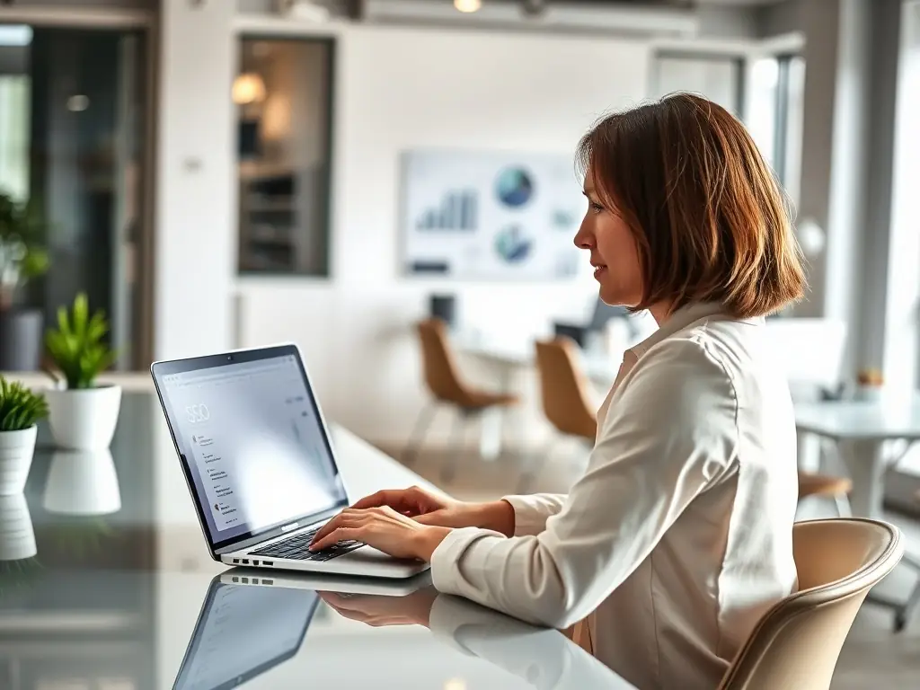 A focused SEO specialist is optimizing a website's content on a laptop, with keyword research tools and analytics dashboards visible in the background, illustrating the meticulous process of enhancing search engine rankings.